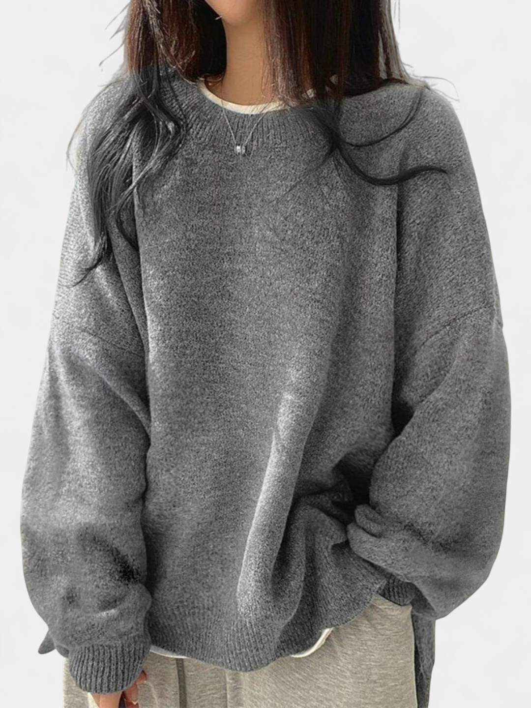 Women's Crew Neck Oversized Sweater, Drop Shoulder Split Hem