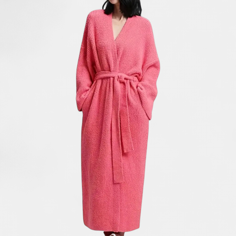 Women's Robe, Long Knit Wrap Front Belted Dropped Shoulder Pockets