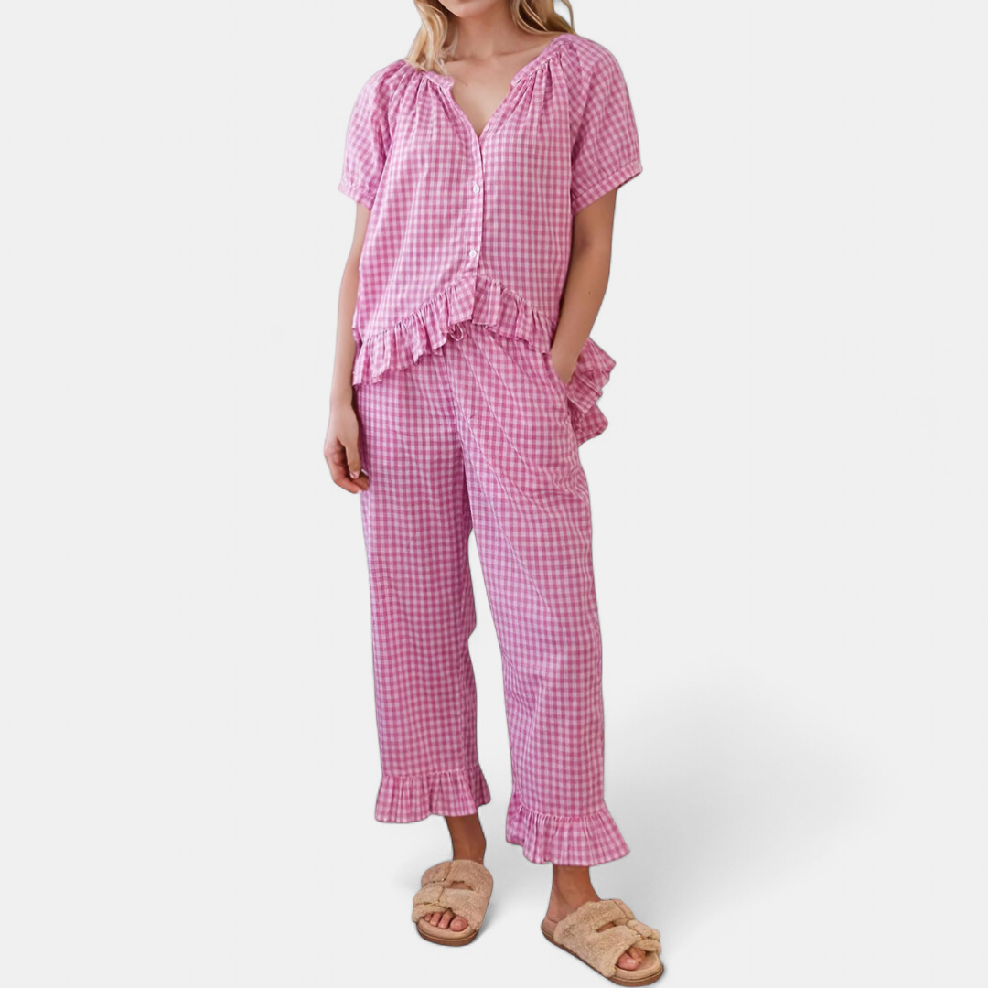 Women's Gingham Lounge Pajama Set, Button Front Ruffle Hem Pants