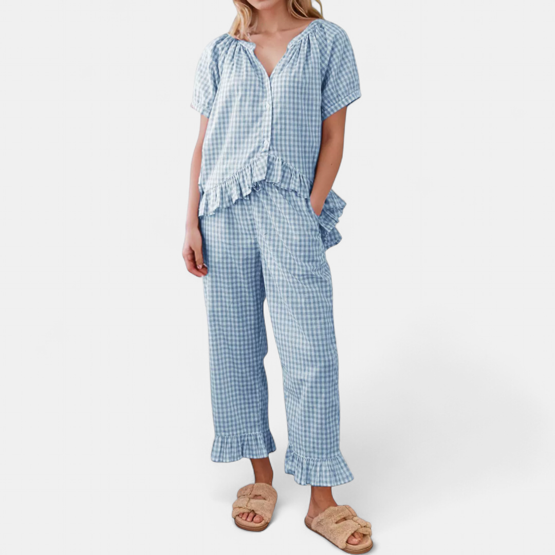 Women's Gingham Lounge Pajama Set, Button Front Ruffle Hem Pants