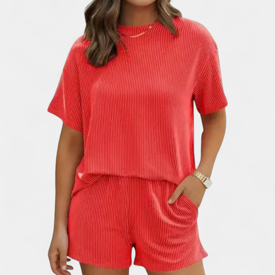 Women's Ribbed Two Piece Lounge Set, Short Sleeve Drawstring Shorts