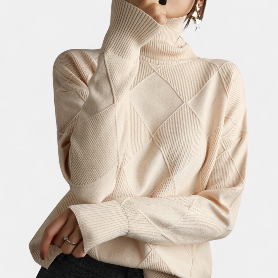 Women's Ribbed Knit Turtleneck Sweater, Diamond Texture Relaxed