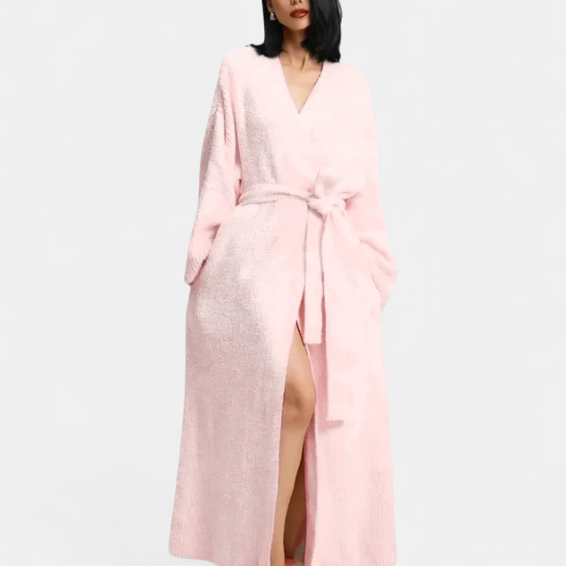 Women's Robe, Long Knit Wrap Front Belted Dropped Shoulder Pockets