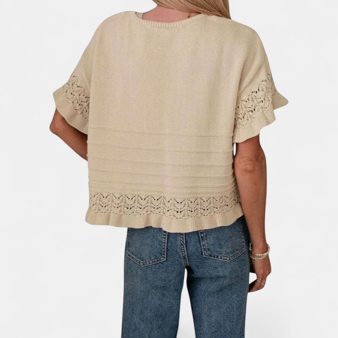 Women's Short Sleeve Cropped Sweater, Ruffle Hem Pointelle Knit