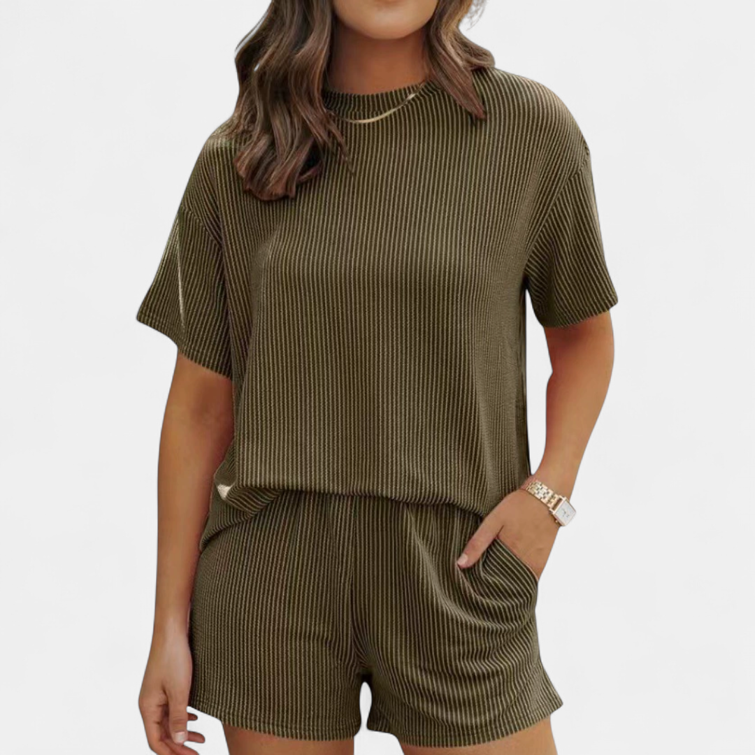 Women's Ribbed Two Piece Lounge Set, Short Sleeve Drawstring Shorts