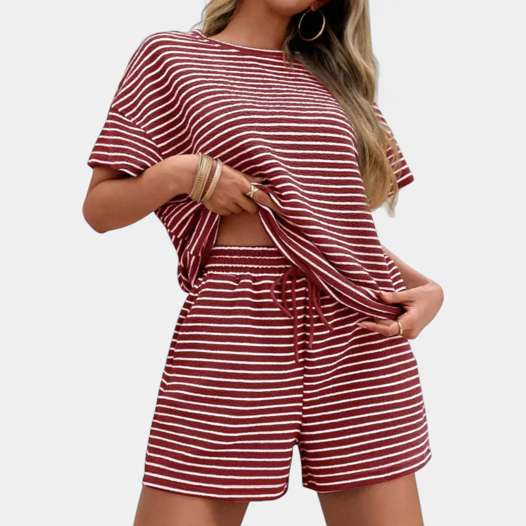 Women's Knit Striped Pajama Set, Boxy Crop Top Drawstring Shorts