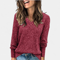 Women's Ribbed Knit V Neck Sweater, Long Sleeve Drop Shoulder