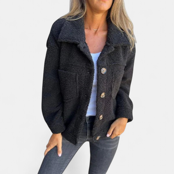 Women's Oversized Teddy Fleece Jacket, Button Front Chest Pockets