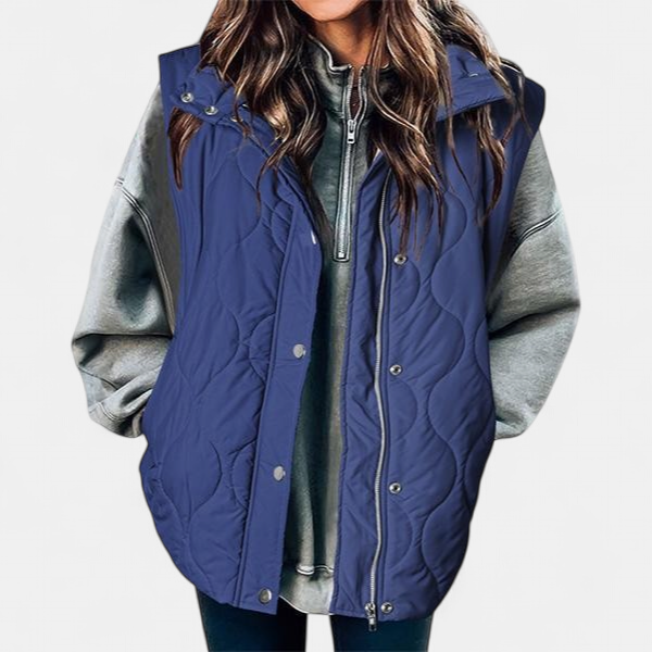 Women's Hooded Sleeveless Quilted Vest, Oversized Zip Snap Front