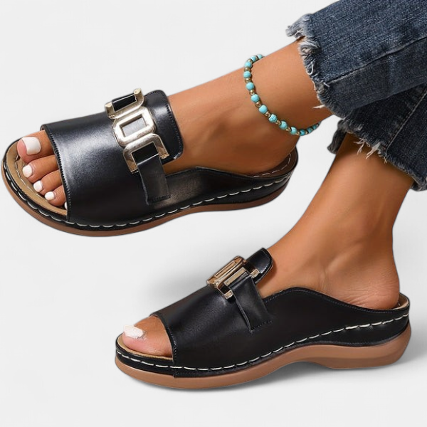 Women's Low Slide Wedge Sandals, Open Toe Metal Trim Stitched Sole