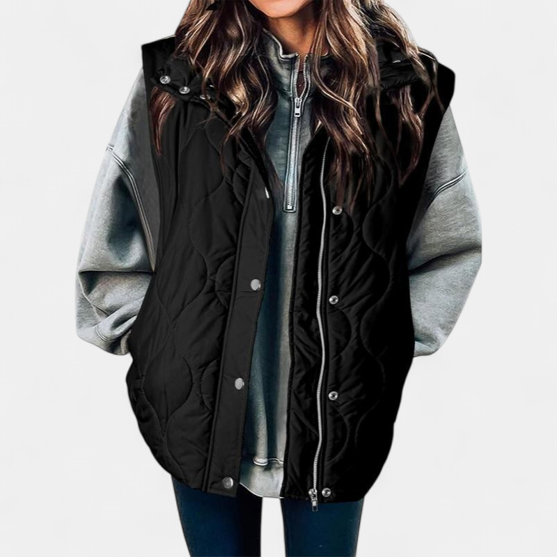Women's Hooded Sleeveless Quilted Vest, Oversized Zip Snap Front