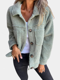 Women's Oversized Teddy Fleece Jacket, Button Front Chest Pockets