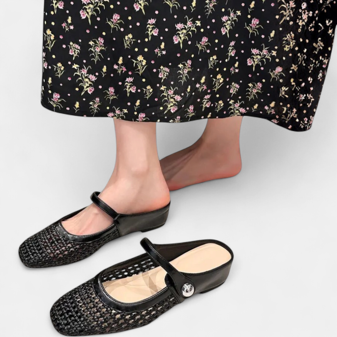 Women's Square Toe Woven Mary Jane Flats, Backless Buckle Strap