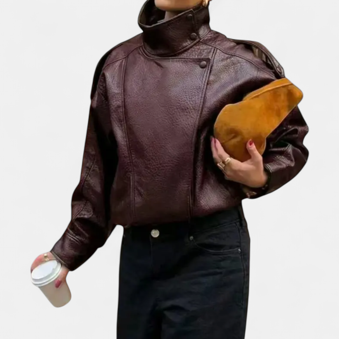 Women's Faux Leather Cropped Moto Jacket, Funnel Collar Zip Front