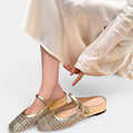 Women's Square Toe Woven Mary Jane Flats, Backless Buckle Strap