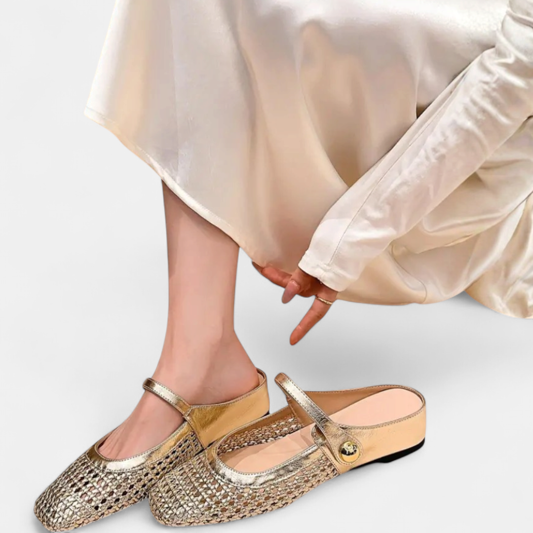 Women's Square Toe Woven Mary Jane Flats, Backless Buckle Strap