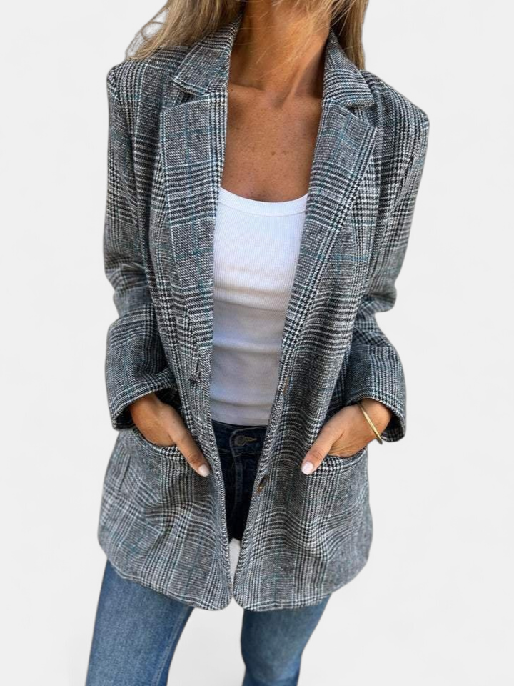 Women's Plaid Oversized Blazer, Notch Lapel Open Front Patch Pockets