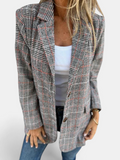 Women's Plaid Oversized Blazer, Notch Lapel Open Front Patch Pockets