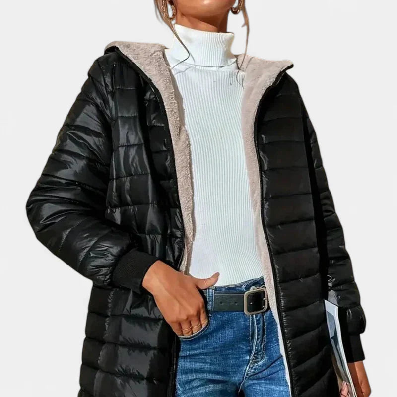 Women's Long Quilted Puffer Jacket, Hooded Fleece Lined Zip Front