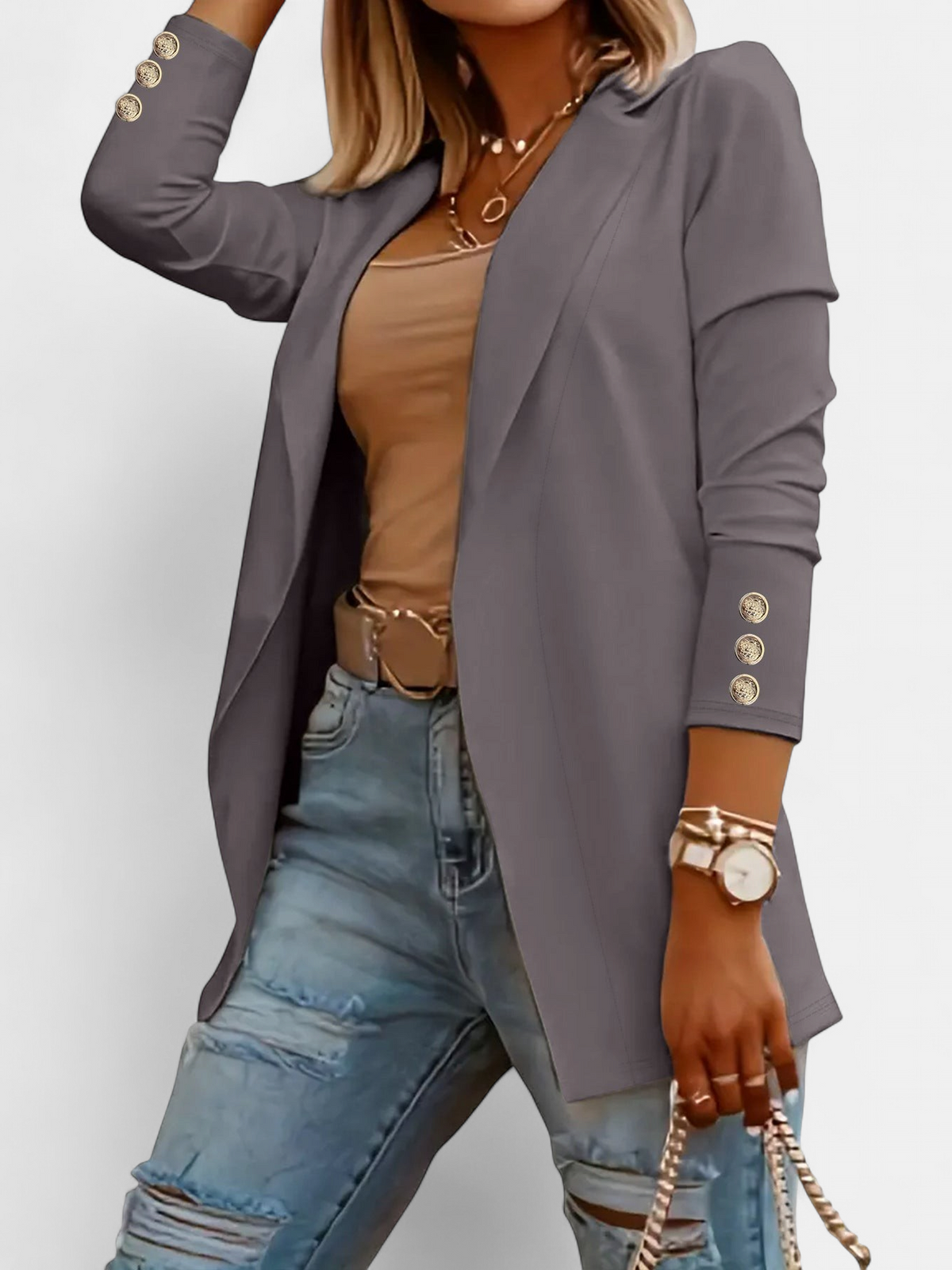 Women's Long Work Blazer Jacket, Open Front Notch Lapel Button Cuffs