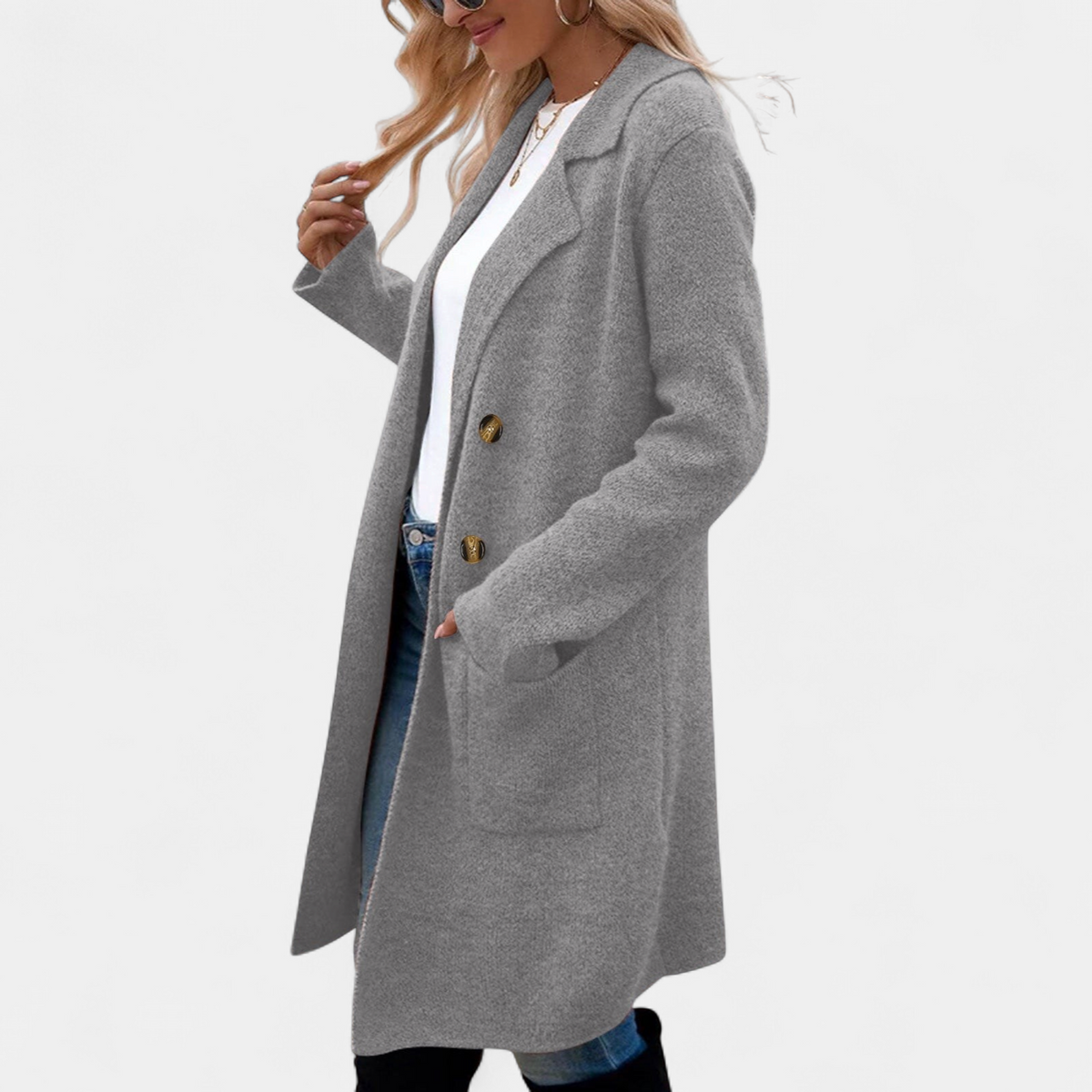 Women's Single Breasted Long Coat, Knit Notched Lapel Patch Pockets