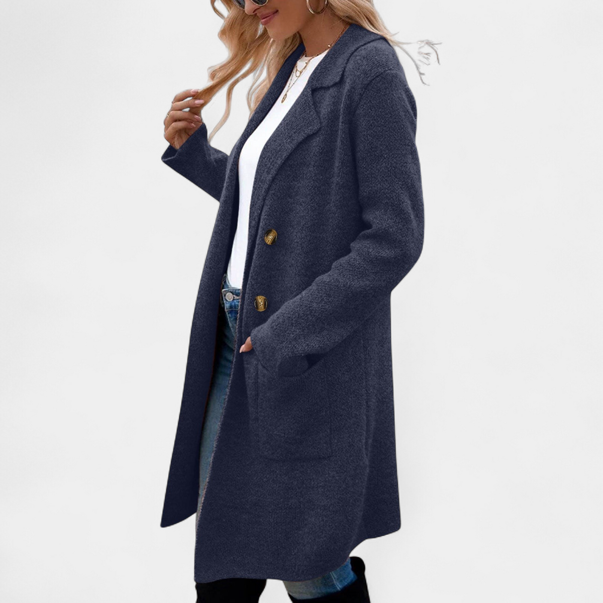 Women's Single Breasted Long Coat, Knit Notched Lapel Patch Pockets