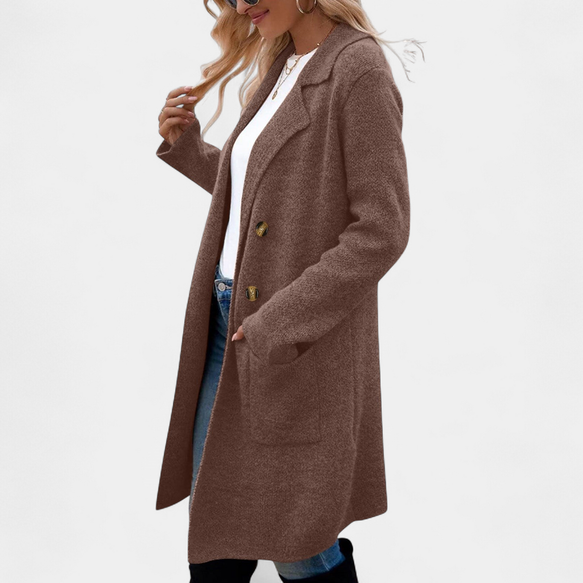 Women's Single Breasted Long Coat, Knit Notched Lapel Patch Pockets