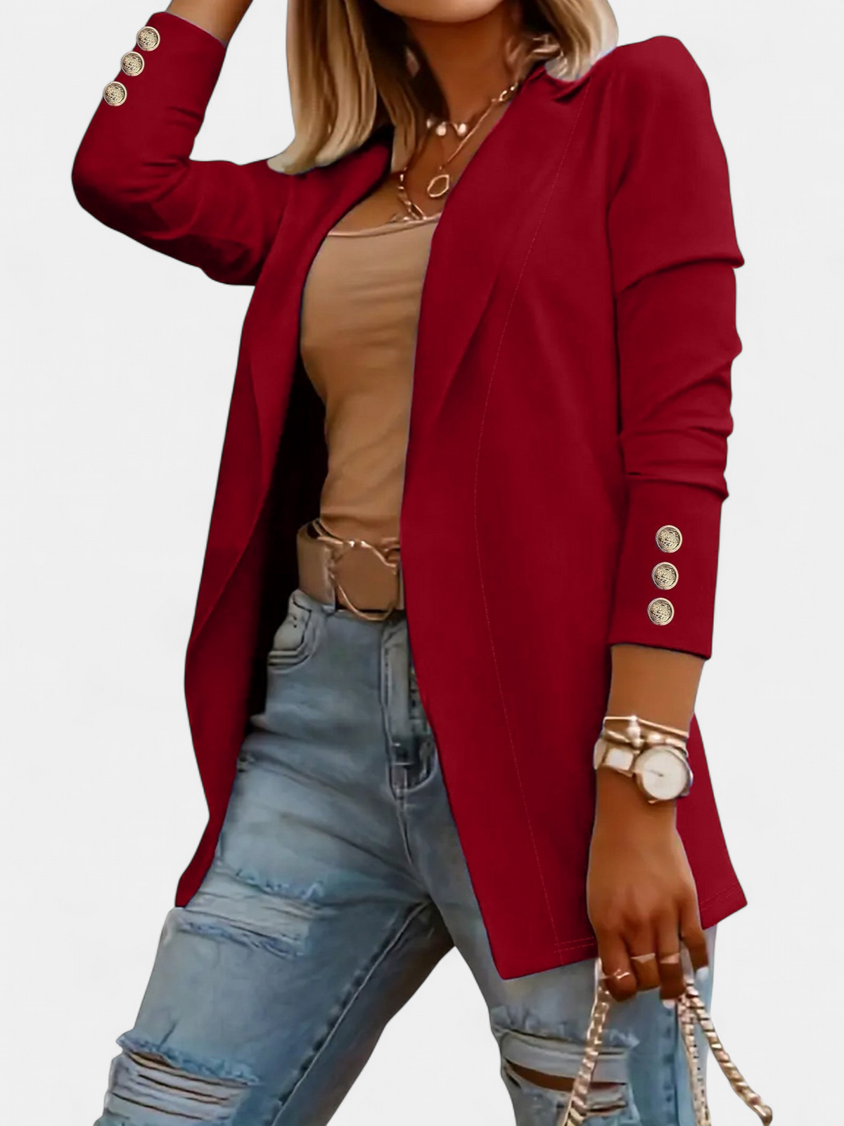 Women's Long Work Blazer Jacket, Open Front Notch Lapel Button Cuffs