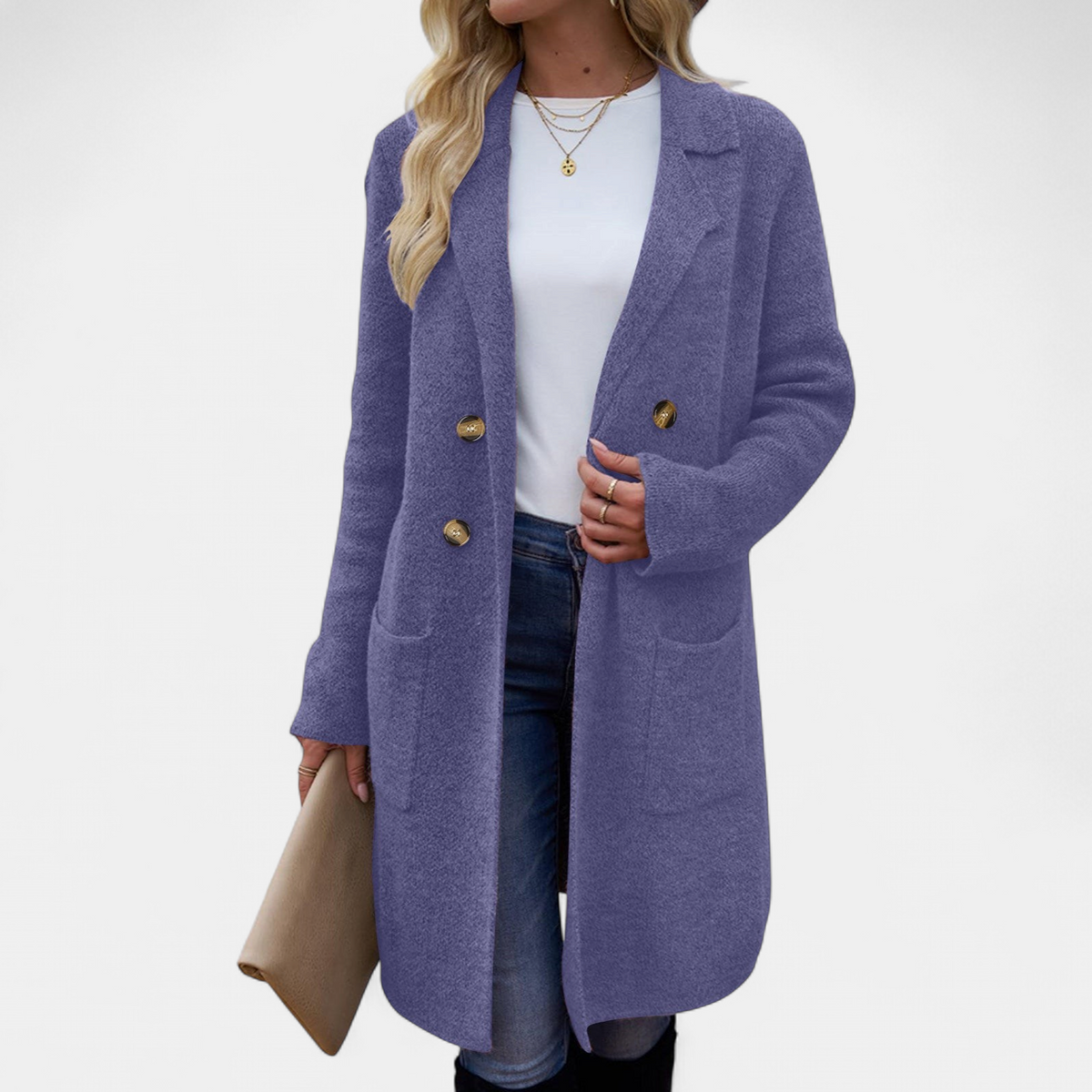 Women's Single Breasted Long Coat, Knit Notched Lapel Patch Pockets