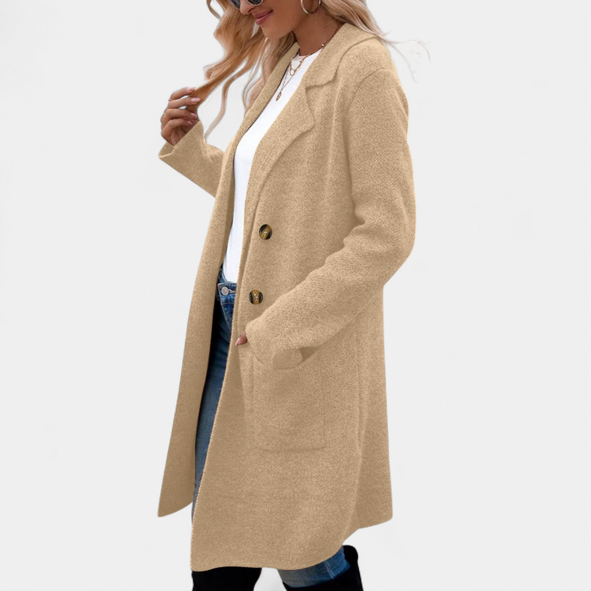 Women's Single Breasted Long Coat, Knit Notched Lapel Patch Pockets