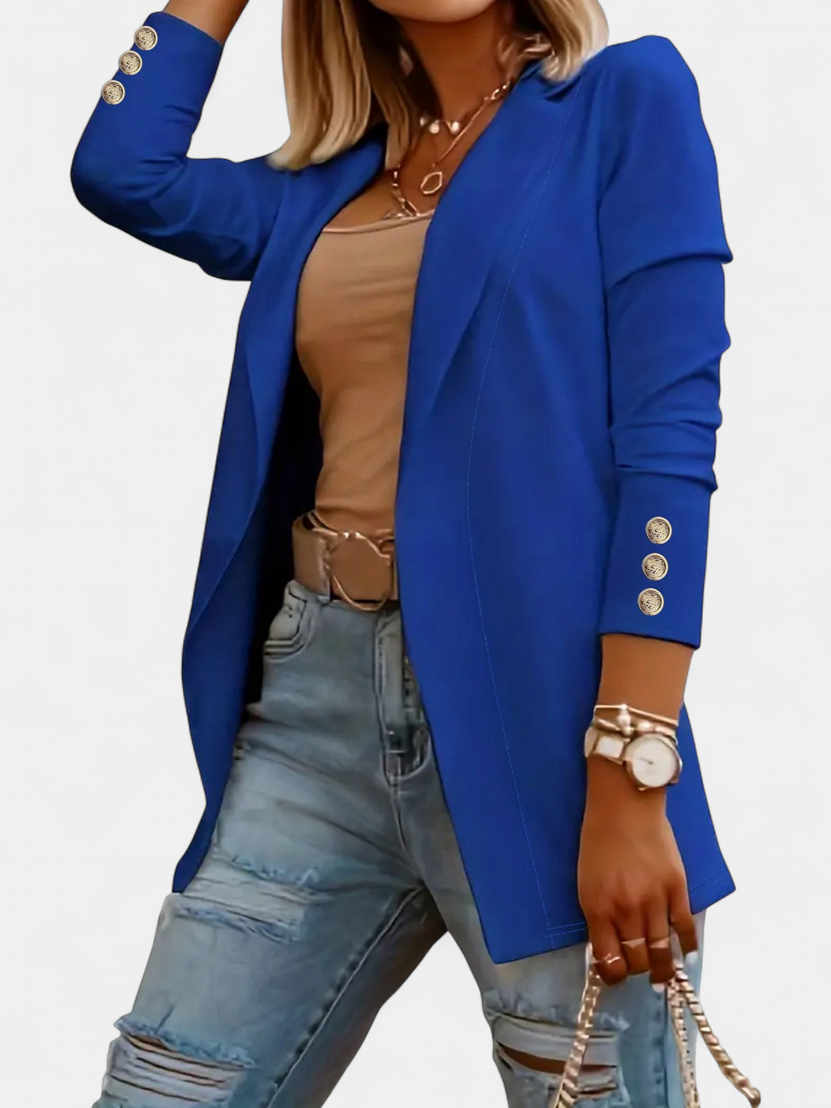 Women's Long Work Blazer Jacket, Open Front Notch Lapel Button Cuffs