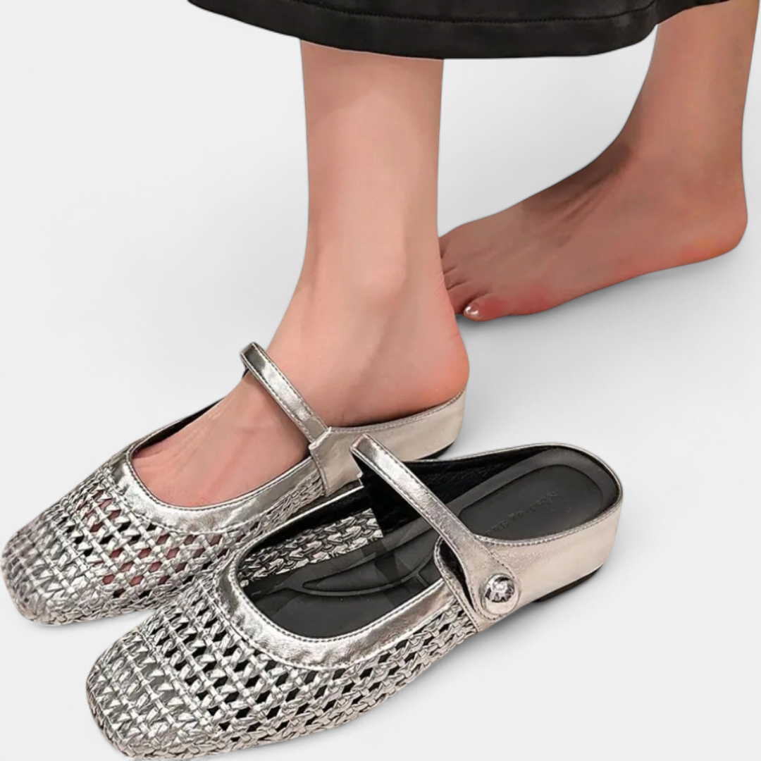 Women's Square Toe Woven Mary Jane Flats, Backless Buckle Strap