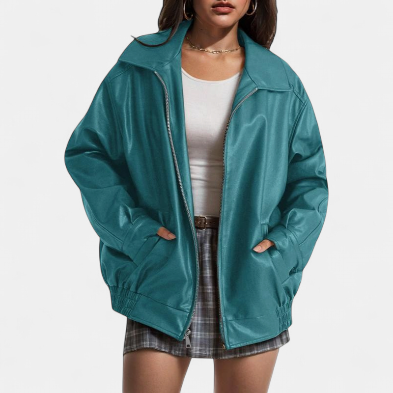 Women's Oversized Faux Leather Bomber Jacket, Zip Front Collared