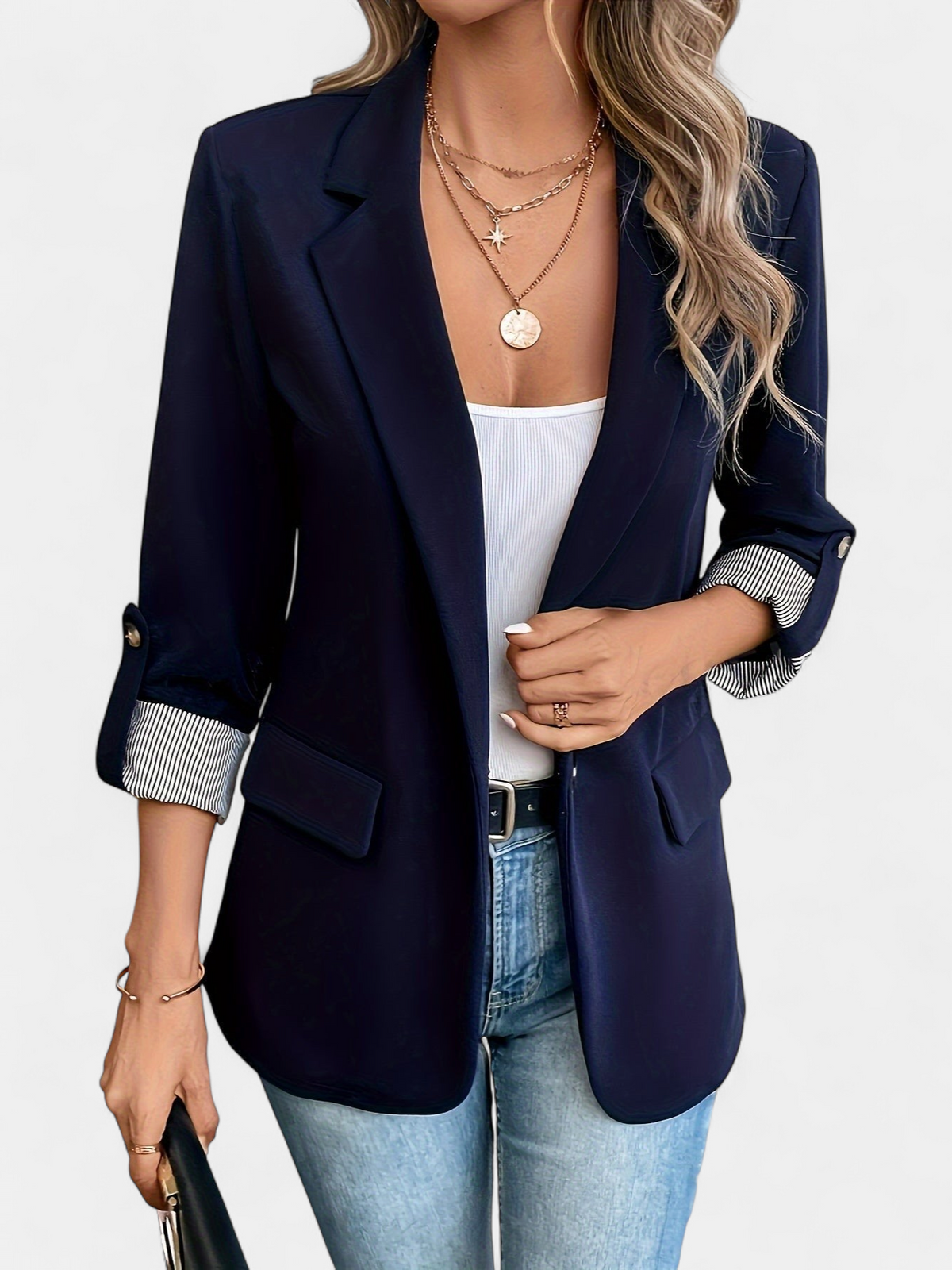 Women's Tailored Work Blazer Jacket, Notch Lapel Roll Tab Sleeves