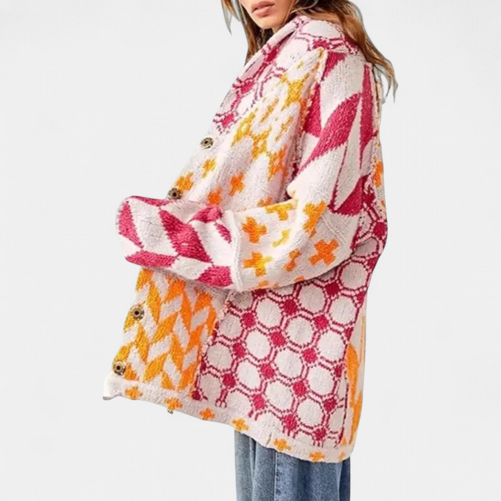 GEORGINA | Oversized Print Knit Coat with Button Down Collar