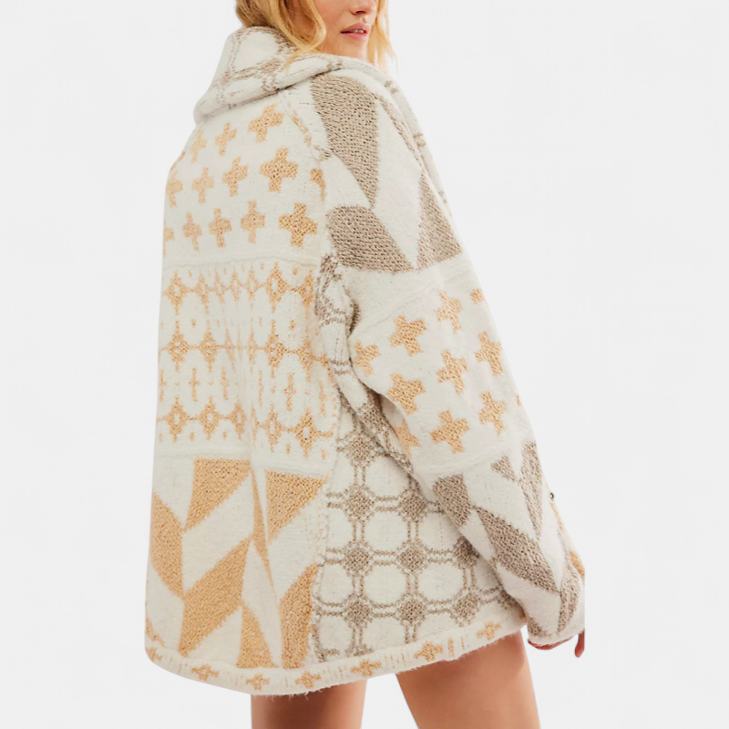 Women's Oversized Sweater Coat, Jacquard Knit Balloon Sleeves