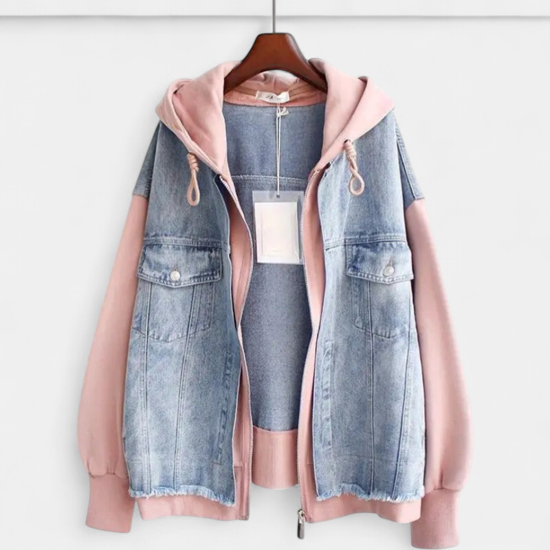 Women's Oversized Hooded Denim Jacket, Contrast Sleeves Frayed Hem