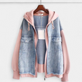 Women's Oversized Hooded Denim Jacket, Contrast Sleeves Frayed Hem