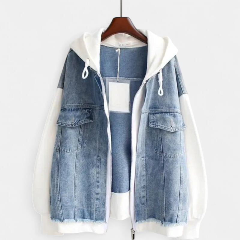 Women's Oversized Hooded Denim Jacket, Contrast Sleeves Frayed Hem
