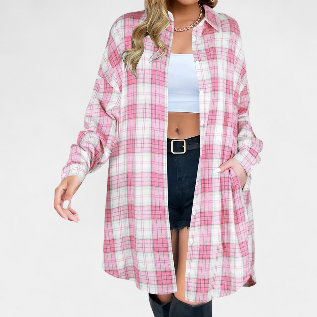 Women's Long Plaid Shirt Jacket, Oversized Button Front Side Slits