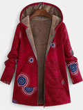 Women's Fleece Lined Hooded Winter Jacket, Printed Longline Zip Front