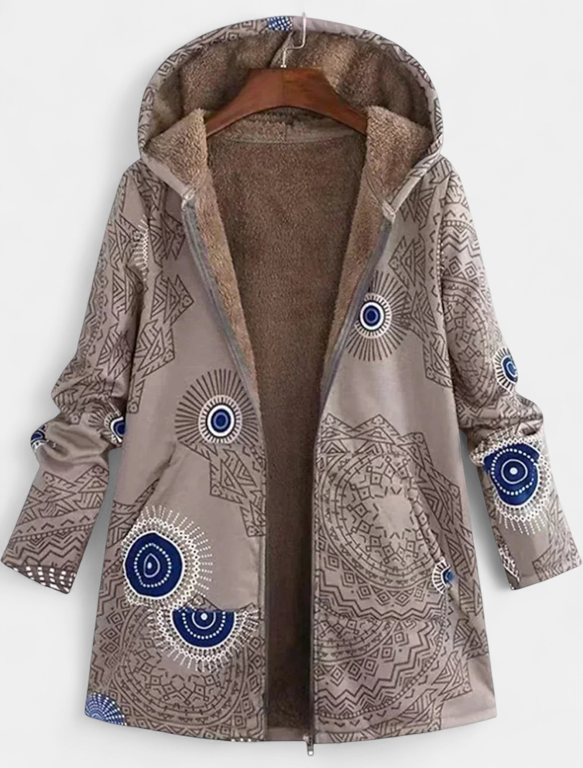 Women's Fleece Lined Hooded Winter Jacket, Printed Longline Zip Front