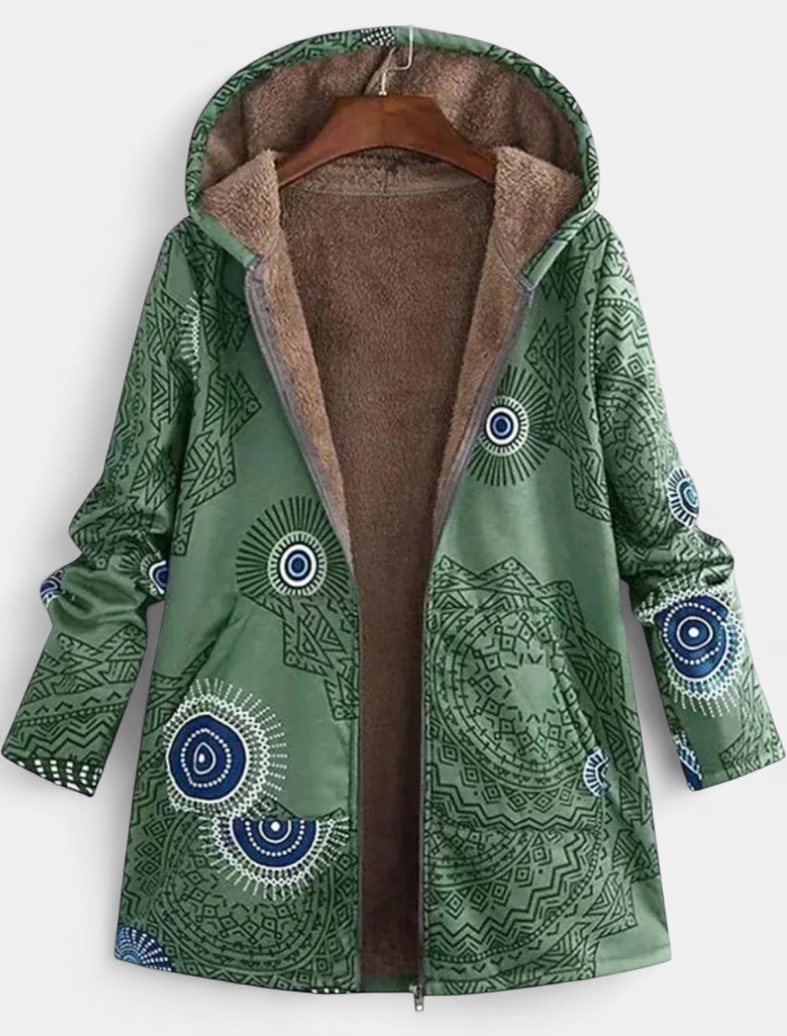 Women's Fleece Lined Hooded Winter Jacket, Printed Longline Zip Front
