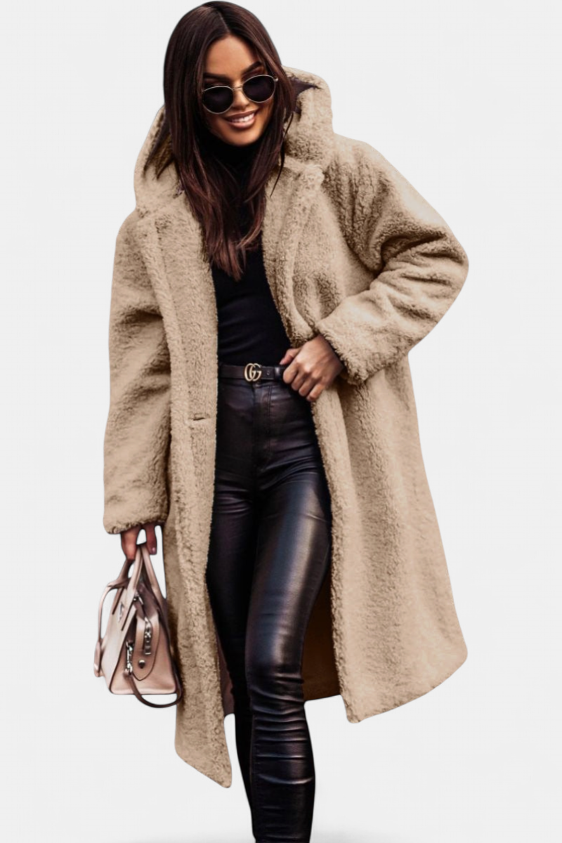 Women's Hooded Teddy Winter Coat, Long Deep Pile Patch Pockets