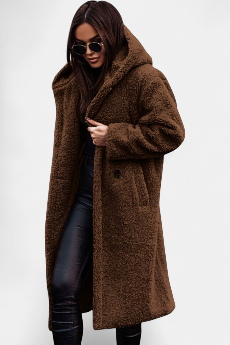Women's Hooded Teddy Winter Coat, Long Deep Pile Patch Pockets
