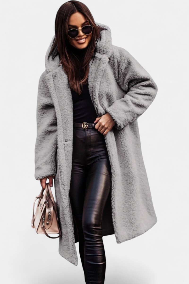 Women's Hooded Teddy Winter Coat, Long Deep Pile Patch Pockets