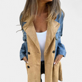 Women's Denim Double Breasted Long Coat, Two Tone Notched Lapel