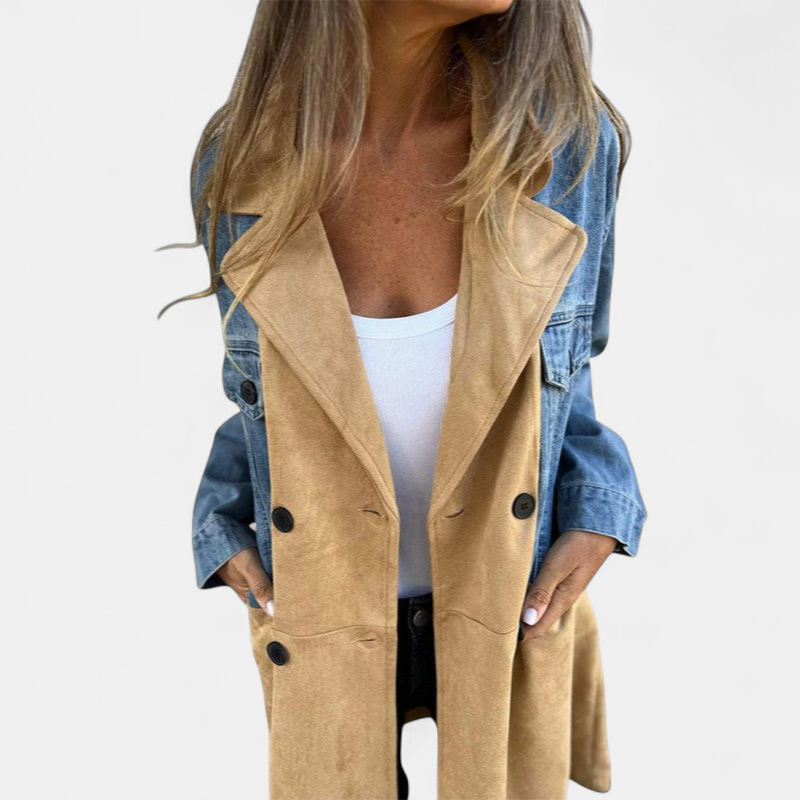 Women's Denim Double Breasted Long Coat, Two Tone Notched Lapel
