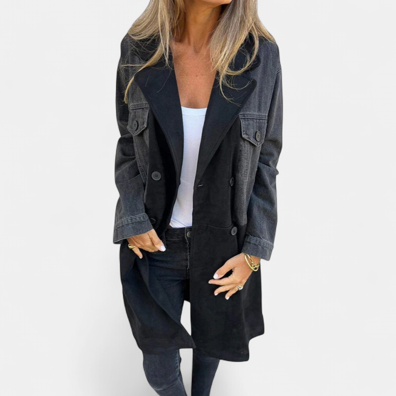 Women's Denim Double Breasted Long Coat, Two Tone Notched Lapel