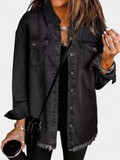 Women's Oversized Denim Jacket, Frayed Hem Snap Front Chest Pockets